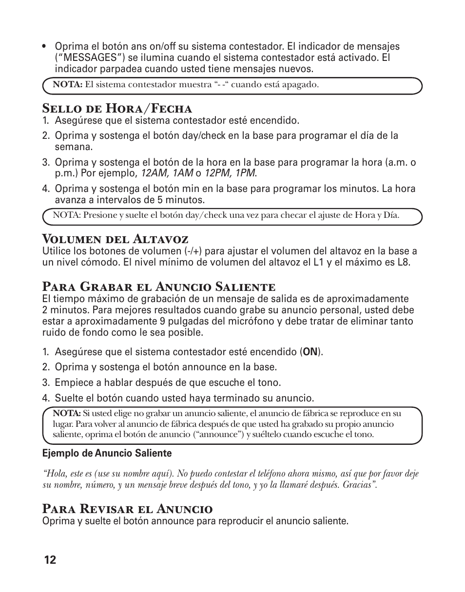 Sello de hora/fecha, Volumen del altavoz, Para grabar el anuncio saliente | Para revisar el anuncio | GE 25860 User Manual | Page 50 / 76