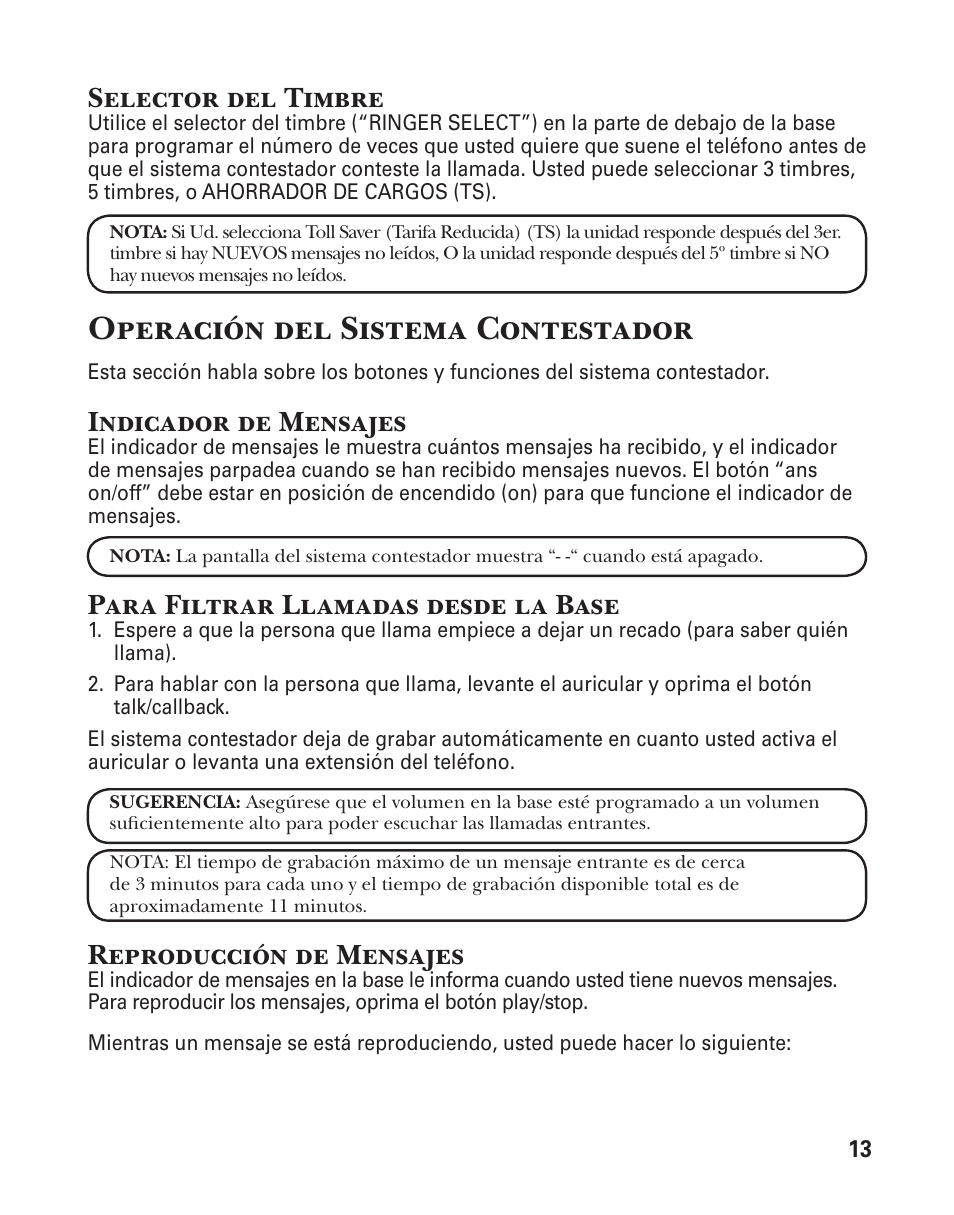 Operación del sistema contestador, Selector del timbre, Indicador de mensajes | Para filtrar llamadas desde la base, Reproducción de mensajes | GE 25860 User Manual | Page 51 / 76