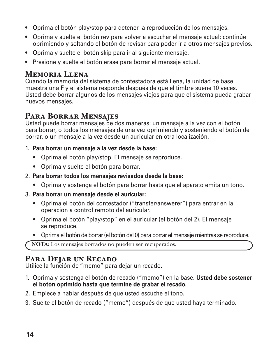 Para borrar mensajes, Para dejar un recado | GE 25860 User Manual | Page 52 / 76