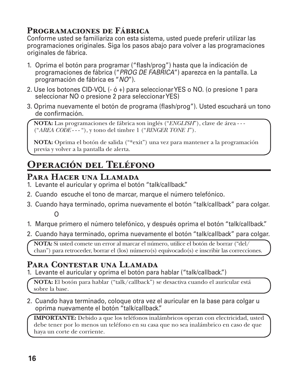 Operación del teléfono, Programaciones de fábrica, Para hacer una llamada | Para contestar una llamada | GE 25860 User Manual | Page 54 / 76