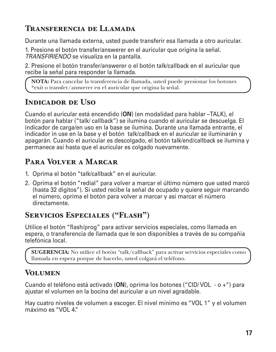 Transferencia de llamada, Indicador de uso, Para volver a marcar | Servicios especiales (“flash”), Volumen | GE 25860 User Manual | Page 55 / 76