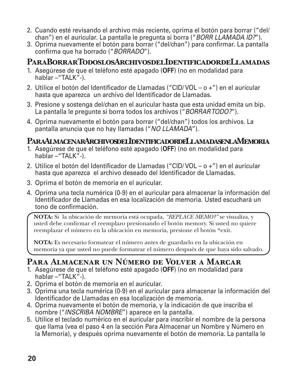 Para almacenar un número de volver a marcar | GE 25860 User Manual | Page 58 / 76