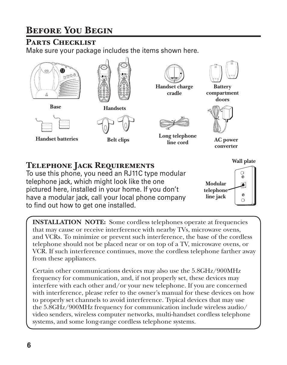 Before you begin, Parts checklist, Telephone jack requirements | GE 25860 User Manual | Page 6 / 76