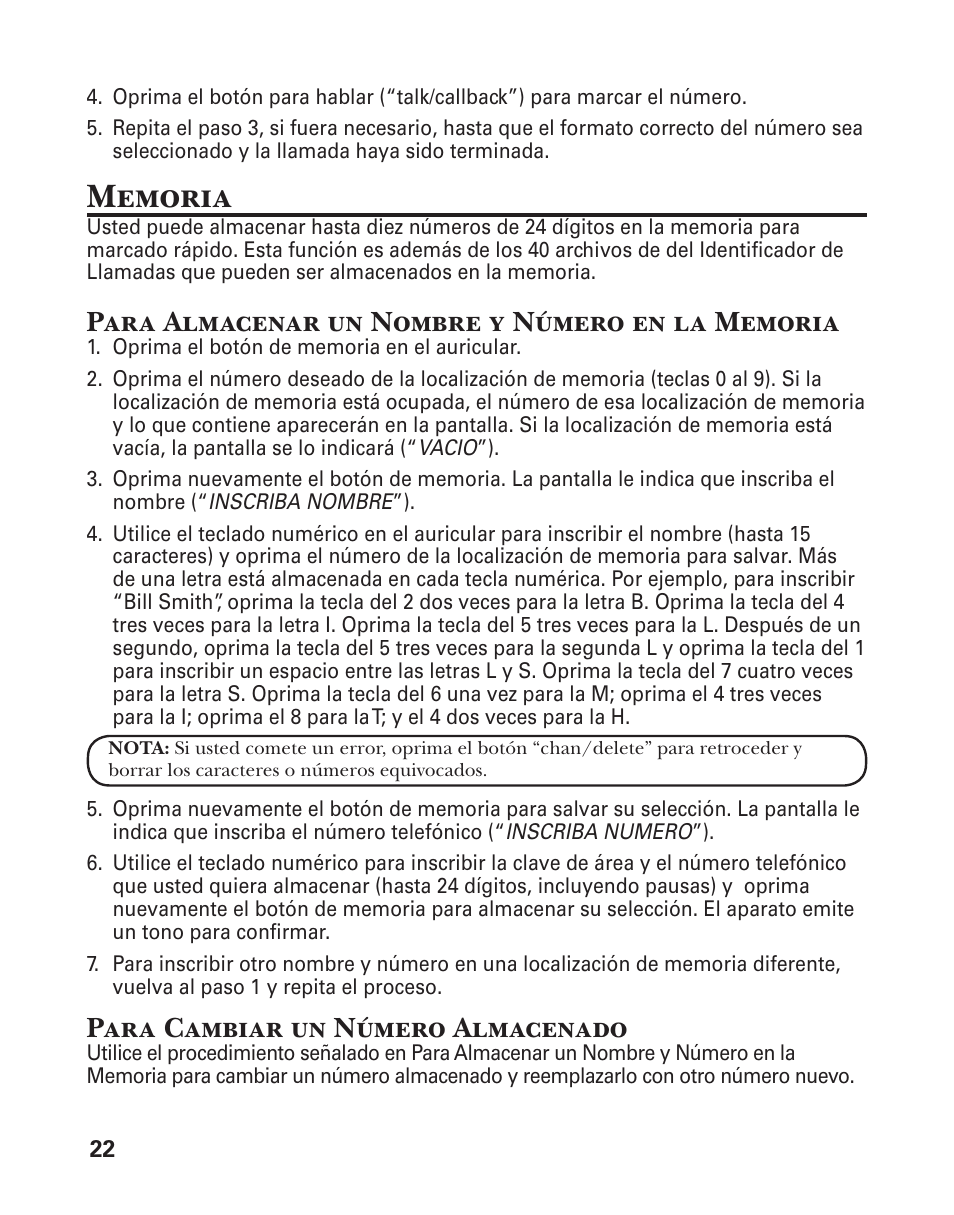 Para cambiar un número almacenado | GE 25860 User Manual | Page 60 / 76