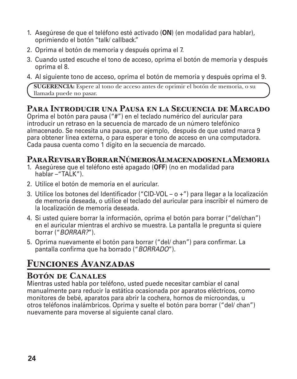 Funciones avanzadas, Botón de canales | GE 25860 User Manual | Page 62 / 76