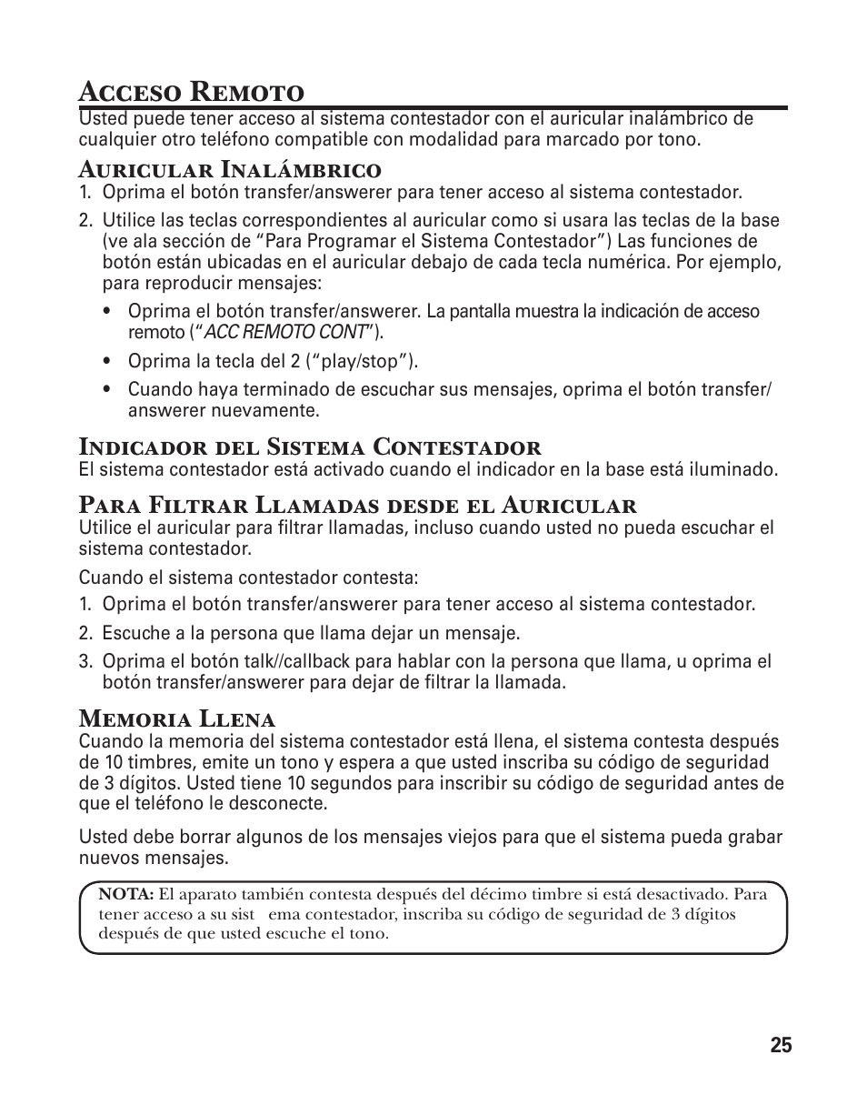 Acceso remoto, Auricular inalámbrico, Indicador del sistema contestador | Para filtrar llamadas desde el auricular | GE 25860 User Manual | Page 63 / 76