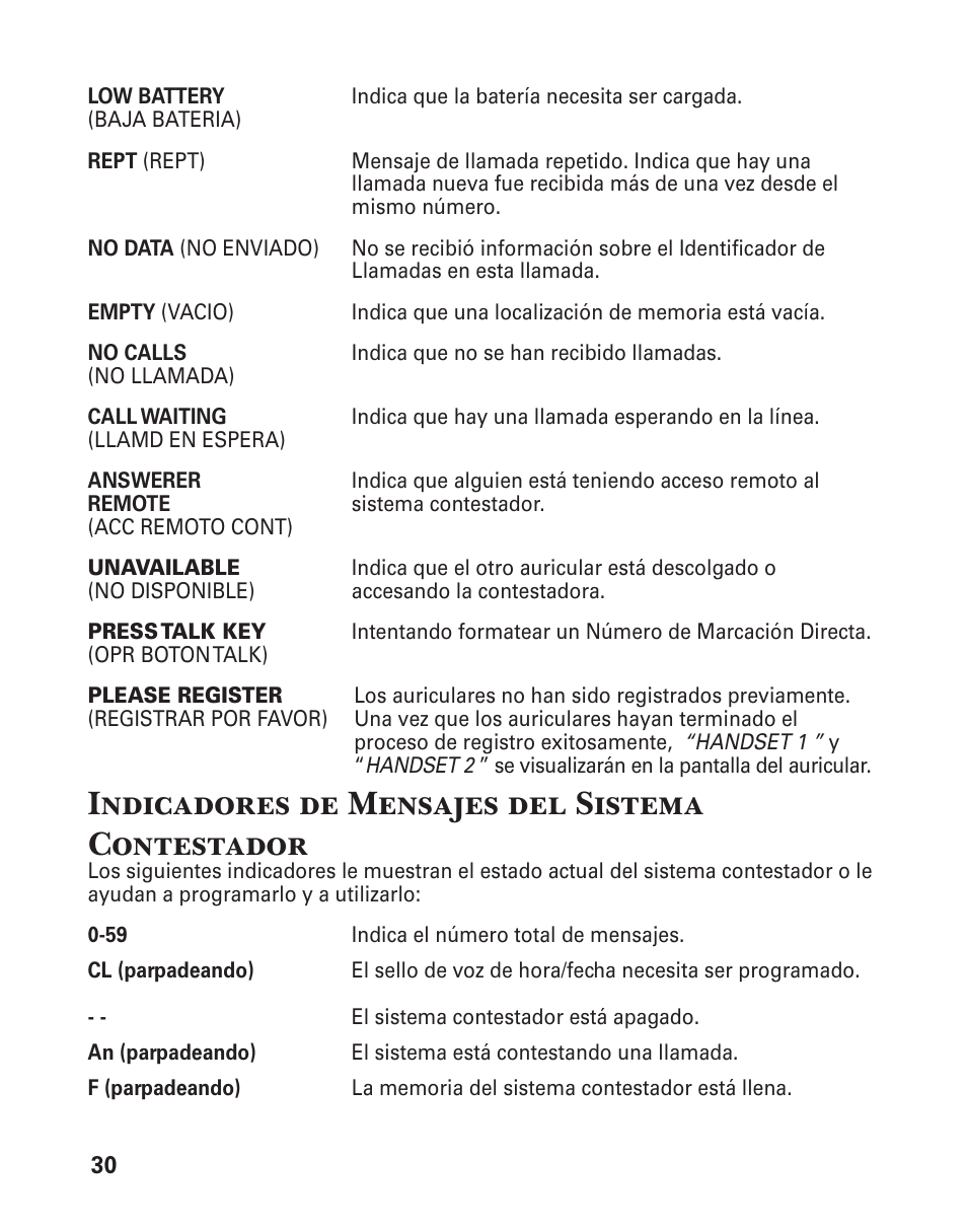 Indicadores de mensajes del sistema contestador | GE 25860 User Manual | Page 68 / 76