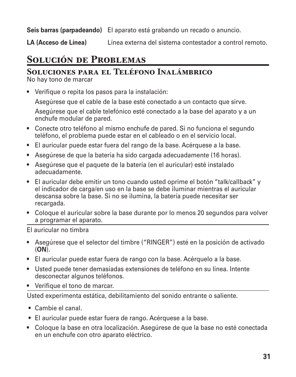 Solución de problemas, Soluciones para el teléfono inalámbrico | GE 25860 User Manual | Page 69 / 76