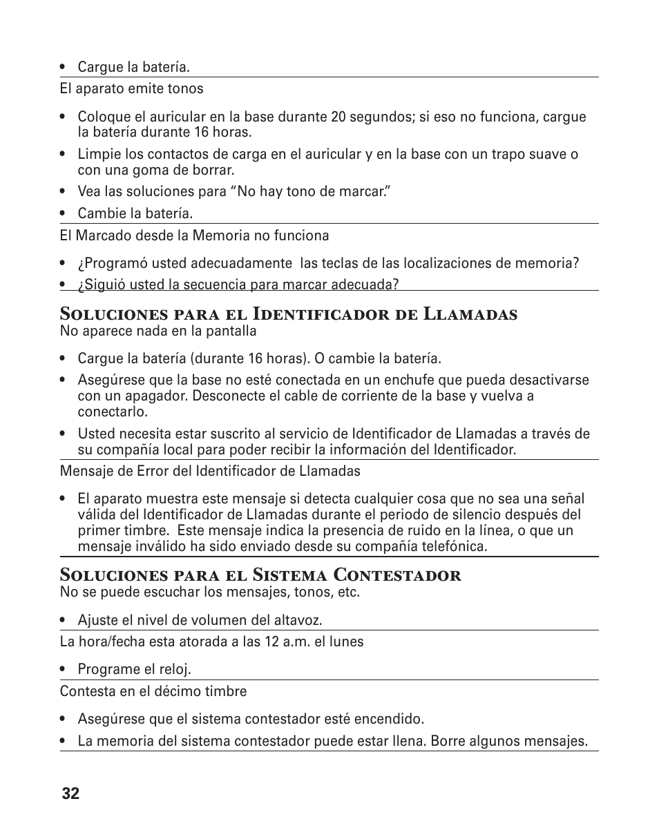 Soluciones para el identificador de llamadas, Soluciones para el sistema contestador | GE 25860 User Manual | Page 70 / 76