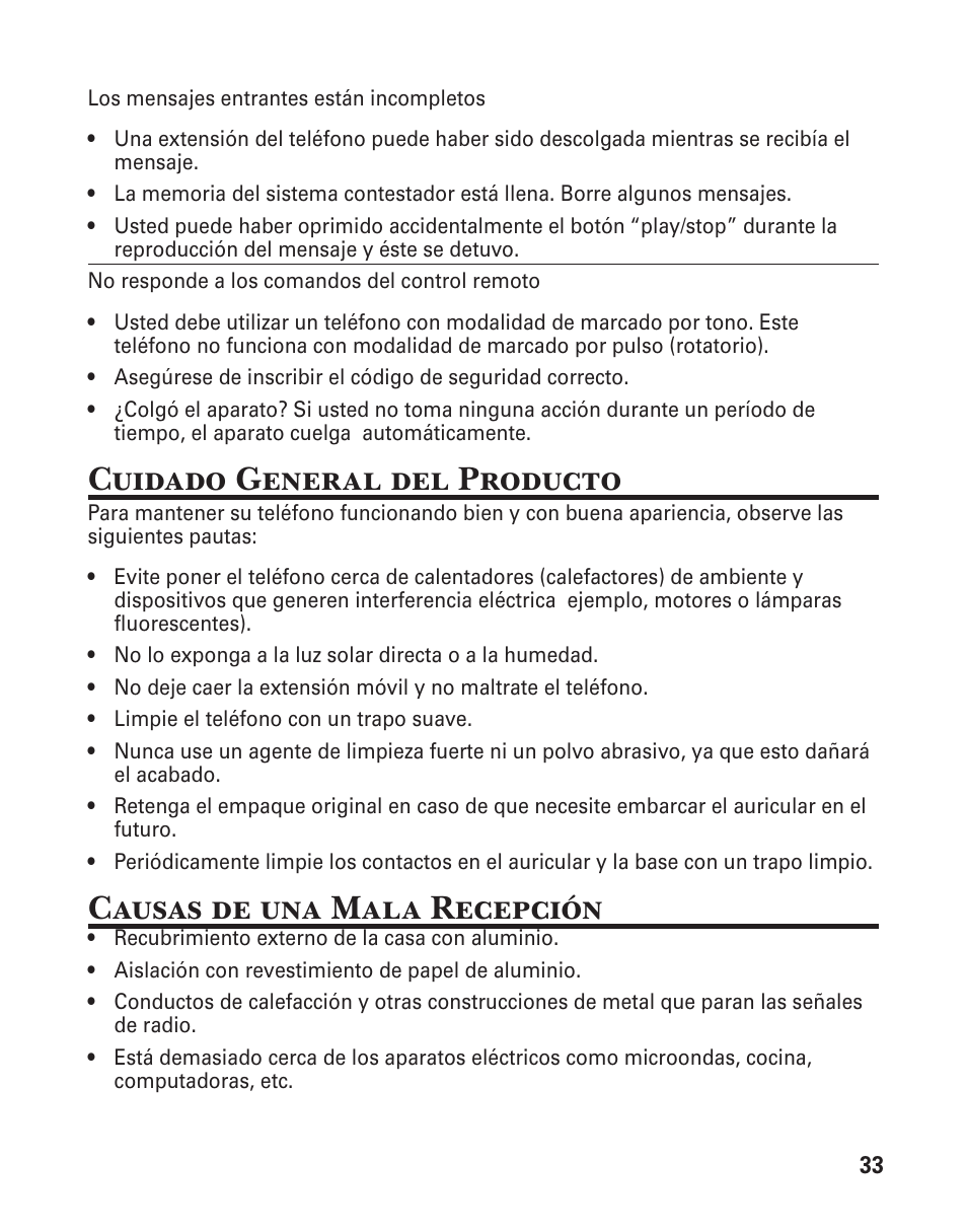 Cuidado general del producto, Causas de una mala recepción | GE 25860 User Manual | Page 71 / 76