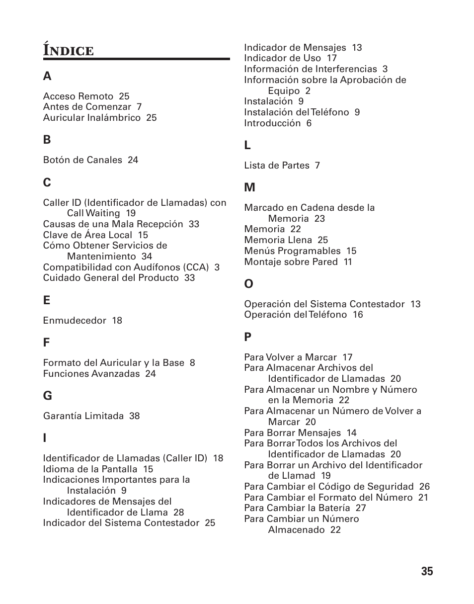 Índice | GE 25860 User Manual | Page 73 / 76