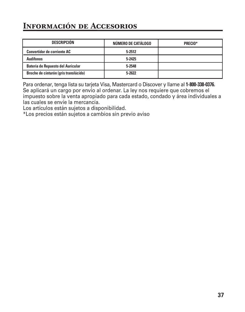 Información de accesorios | GE 25860 User Manual | Page 75 / 76