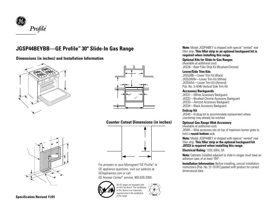 GE Profile JGSP44BEY User Manual | 2 pages