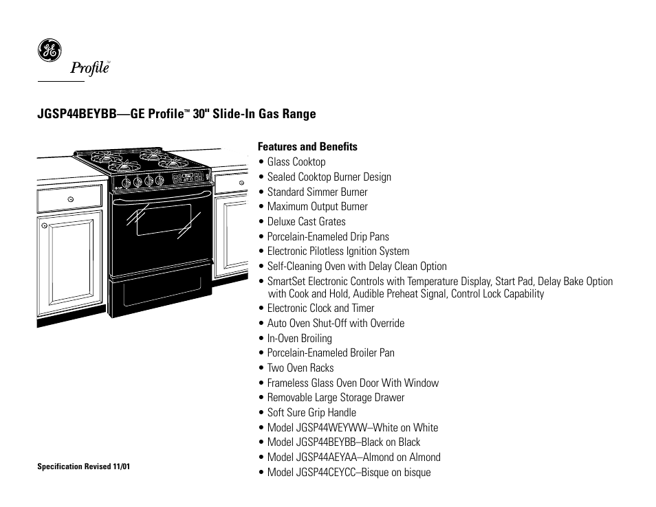 Jgsp44beybb—ge profile, 30" slide-in gas range | GE Profile JGSP44BEY User Manual | Page 2 / 2