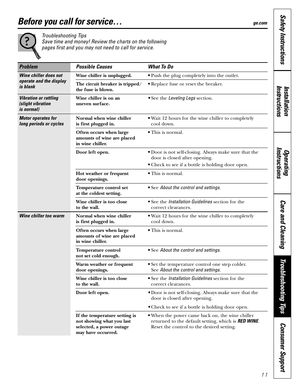 Troubleshooting tips, Before you call for service | GE WineChiller User Manual | Page 11 / 32