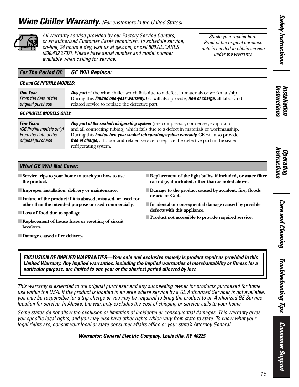 Warranty, Wine chiller warranty | GE WineChiller User Manual | Page 15 / 32