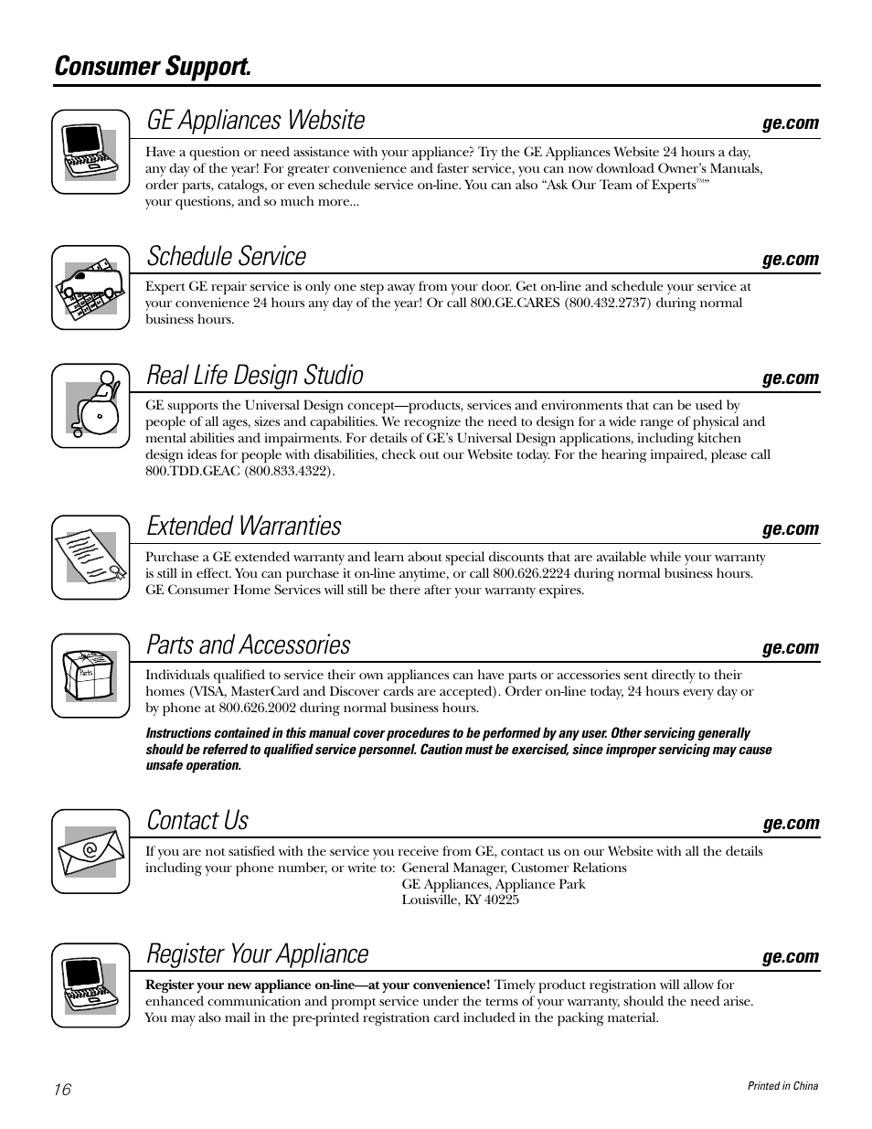 Consumer support, Consumer support. ge appliances website, Schedule service | Real life design studio, Extended warranties, Parts and accessories, Contact us, Register your appliance | GE WineChiller User Manual | Page 16 / 32