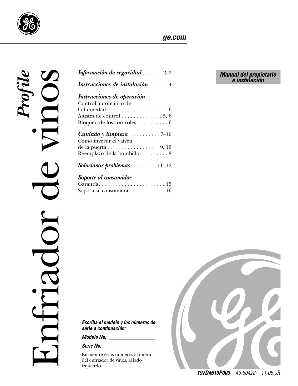 Español, Instrucciones de operación, Soporte al consumidor | Enfriador de vinos, Pr of ile | GE WineChiller User Manual | Page 17 / 32