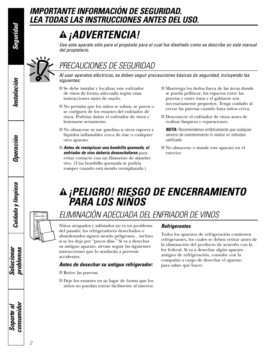 Información de seguridad, Peligro! riesgo de encerramiento para los niños, Advertencia | Eliminación adecuada del enfriador de vinos, Precauciones de seguridad | GE WineChiller User Manual | Page 18 / 32