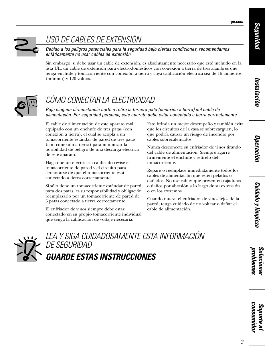 Uso de cables de extensión, Cómo conectar la electricidad | GE WineChiller User Manual | Page 19 / 32