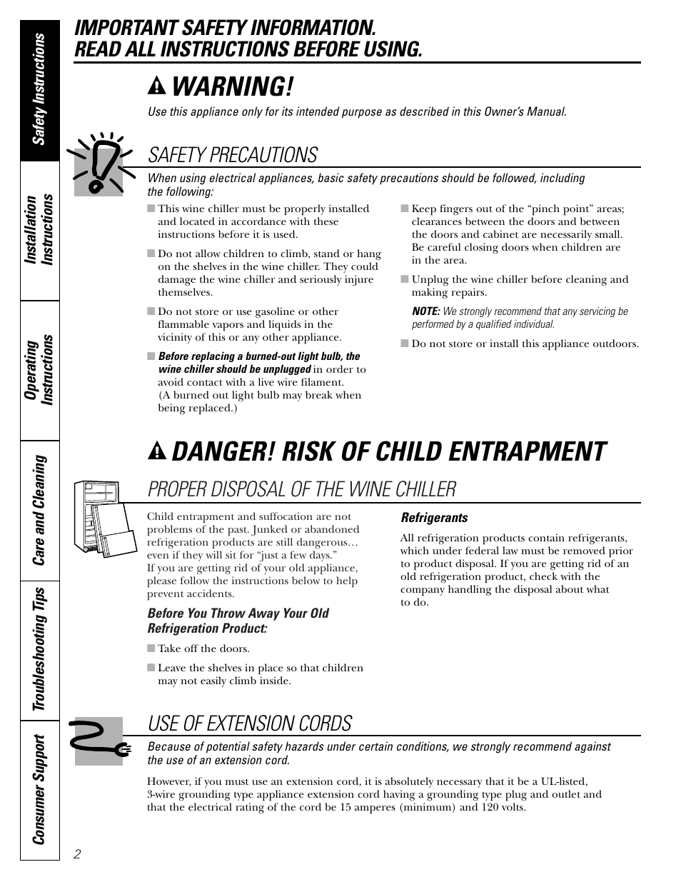 Safety instructions, Danger! risk of child entrapment, Warning | Proper disposal of the wine chiller, Use of extension cords, Safety precautions | GE WineChiller User Manual | Page 2 / 32