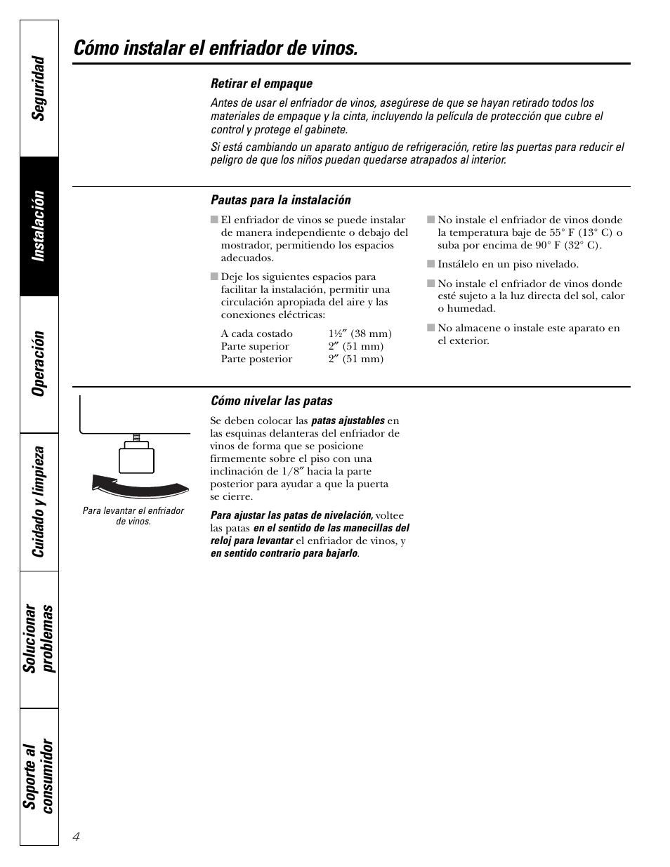 Instrucciones de instalación, Cómo instalar el enfriador de vinos, Cuidado y limpieza | GE WineChiller User Manual | Page 20 / 32