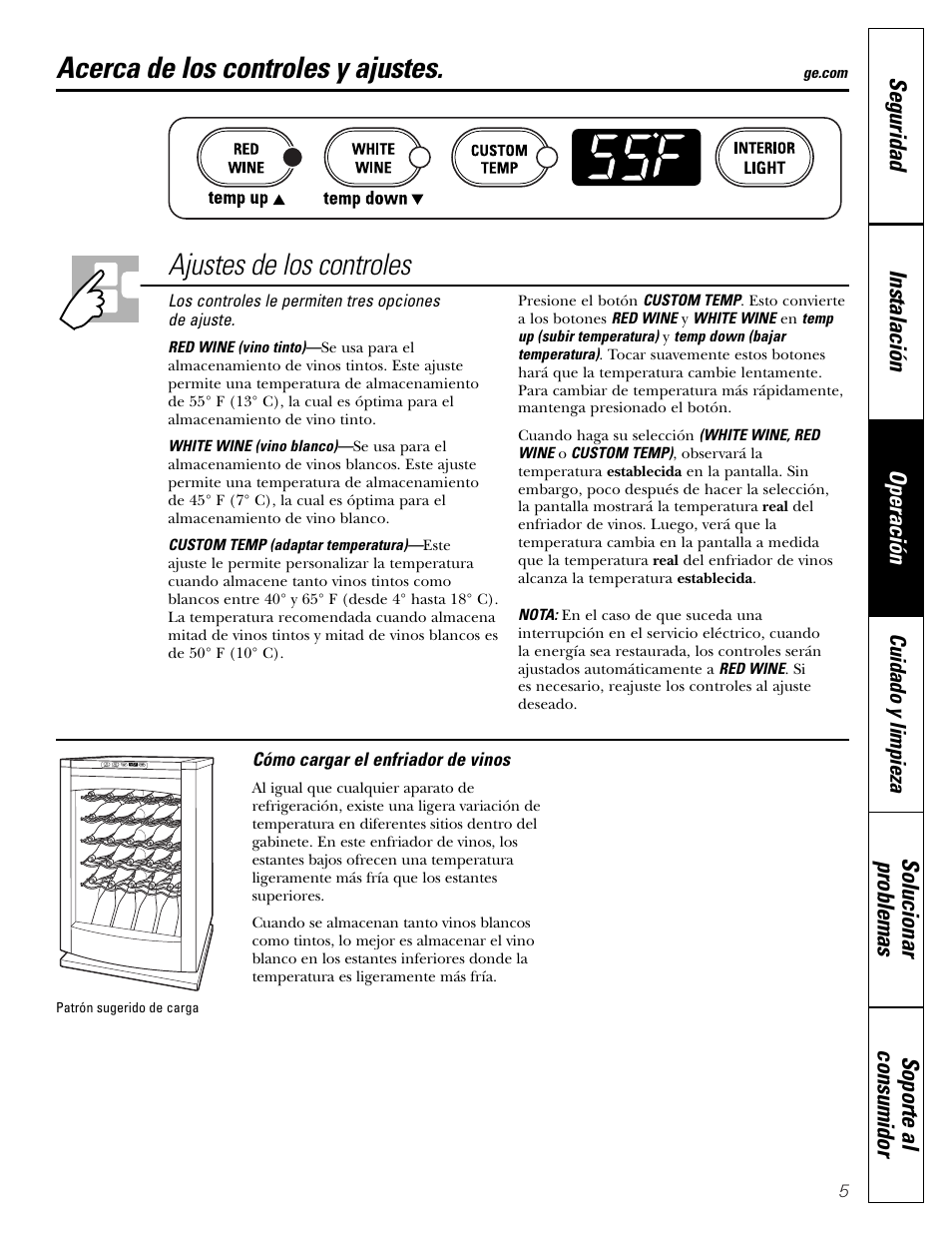 Ajustes de control, Ajustes de control , 6, Acerca de los controles y ajustes | Ajustes de los controles | GE WineChiller User Manual | Page 21 / 32