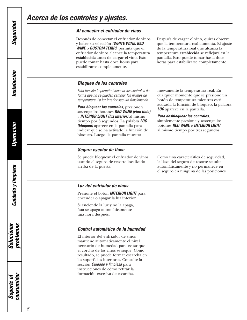 Control automático de la humedad, Bloqueo de los controles, Acerca de los controles y ajustes | GE WineChiller User Manual | Page 22 / 32