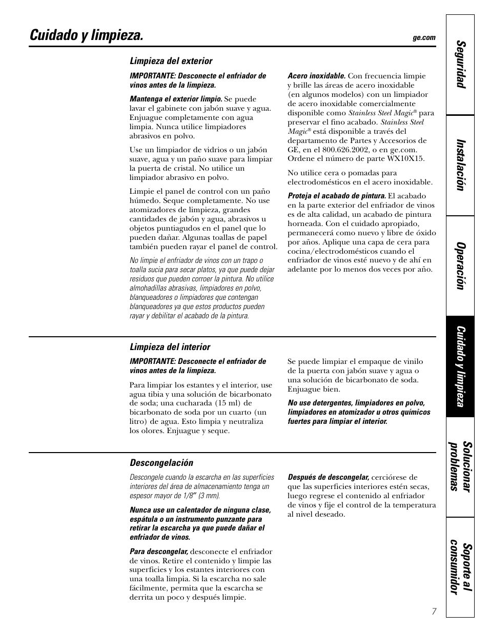 Cuidado y limpieza | GE WineChiller User Manual | Page 23 / 32