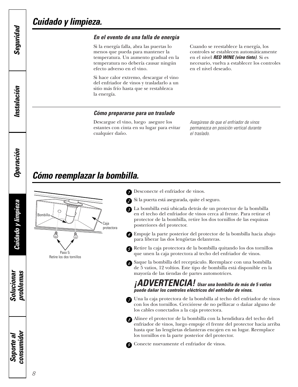 Reemplazo de la bombilla, Advertencia, Cuidado y limpieza | Cómo reemplazar la bombilla | GE WineChiller User Manual | Page 24 / 32