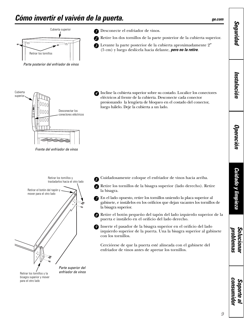 Cómo invertir el vaivén de la puerta, Cómo invertir el vaivén de la puerta , 10, Cuidado y limpieza | GE WineChiller User Manual | Page 25 / 32