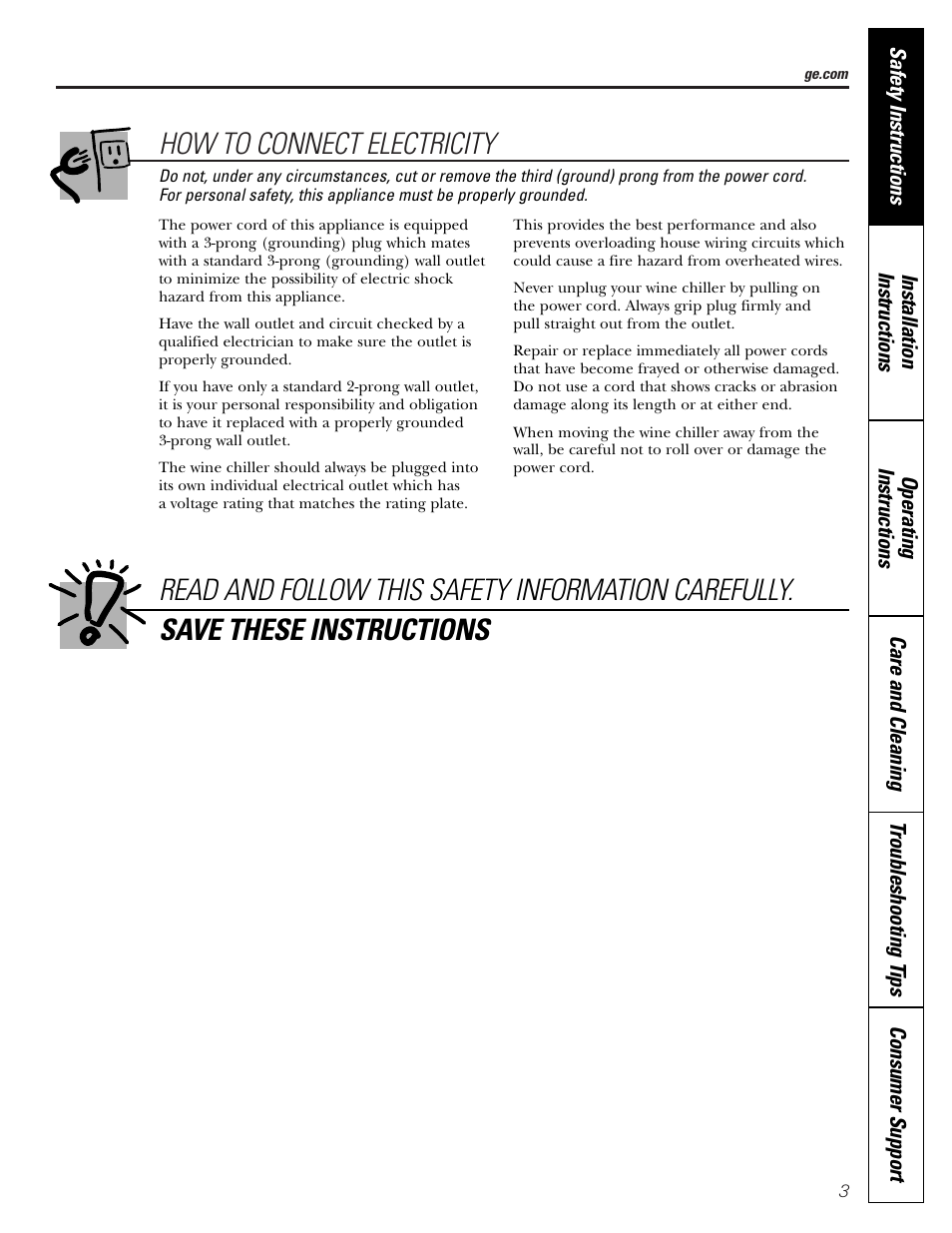 How to connect electricity | GE WineChiller User Manual | Page 3 / 32