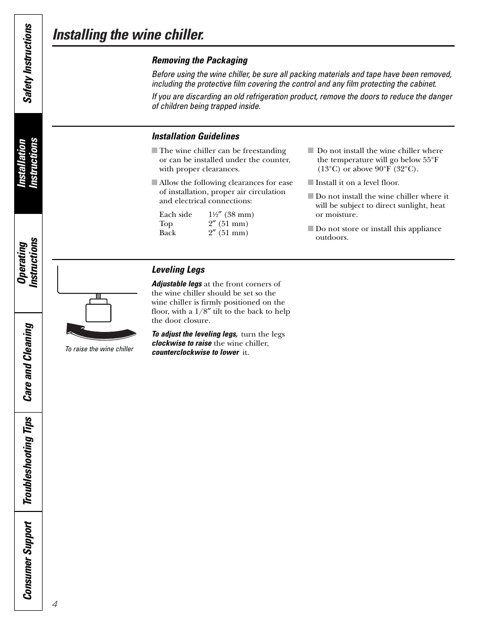 Installation instructions, Installing the wine chiller | GE WineChiller User Manual | Page 4 / 32