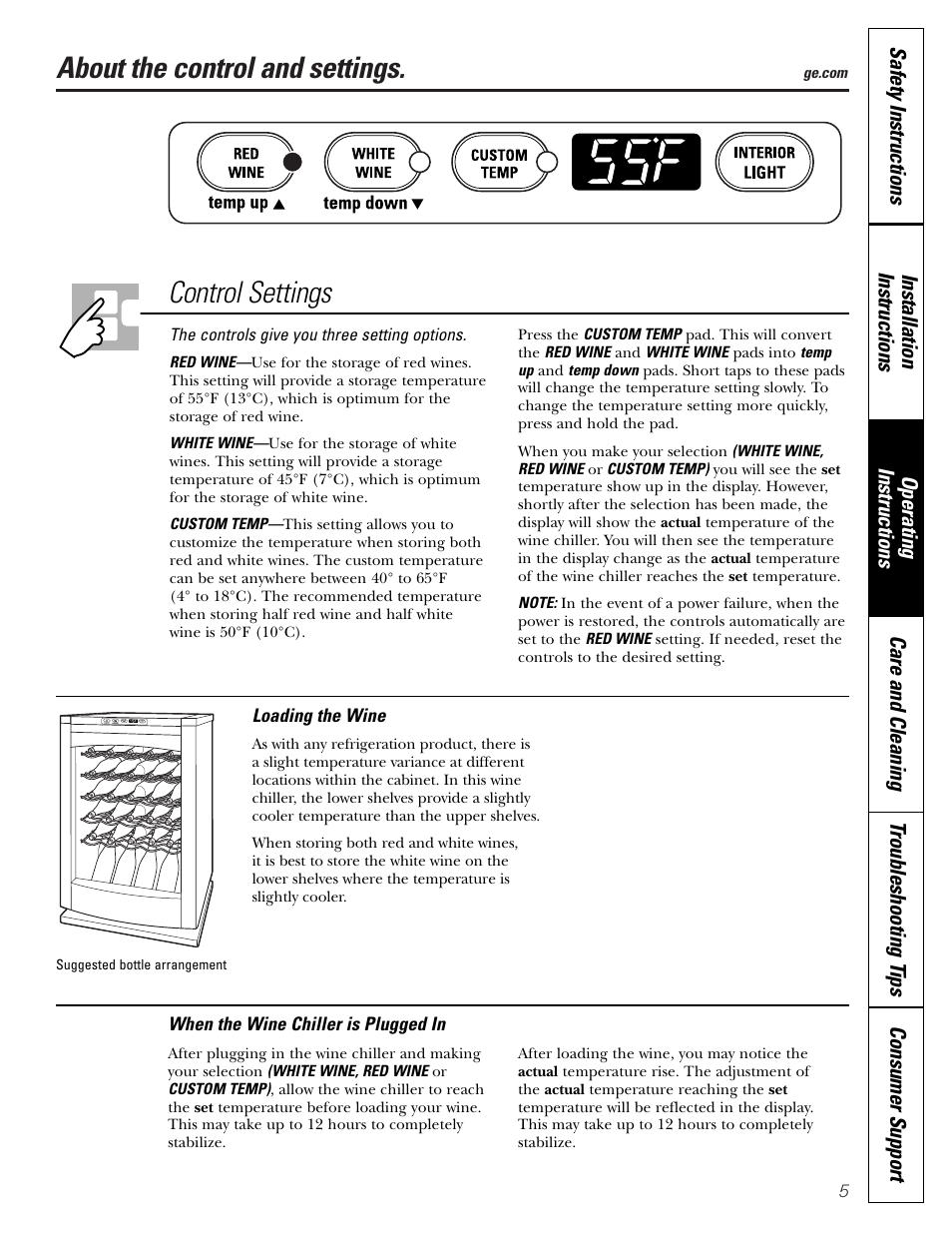 Control settings, Control settings , 6, About the control and settings | GE WineChiller User Manual | Page 5 / 32