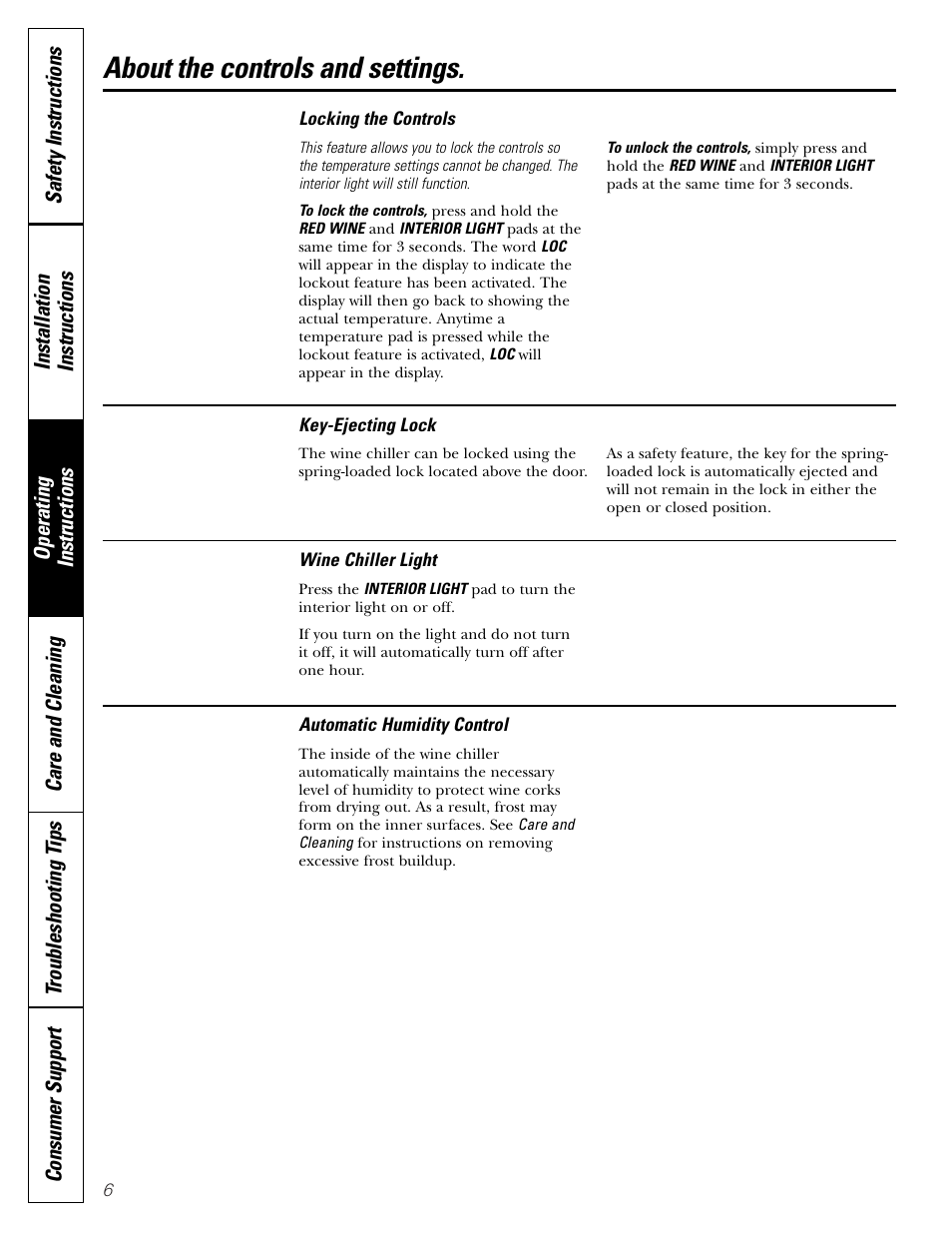 Automatic humidity control, Locking the controls, About the controls and settings | GE WineChiller User Manual | Page 6 / 32