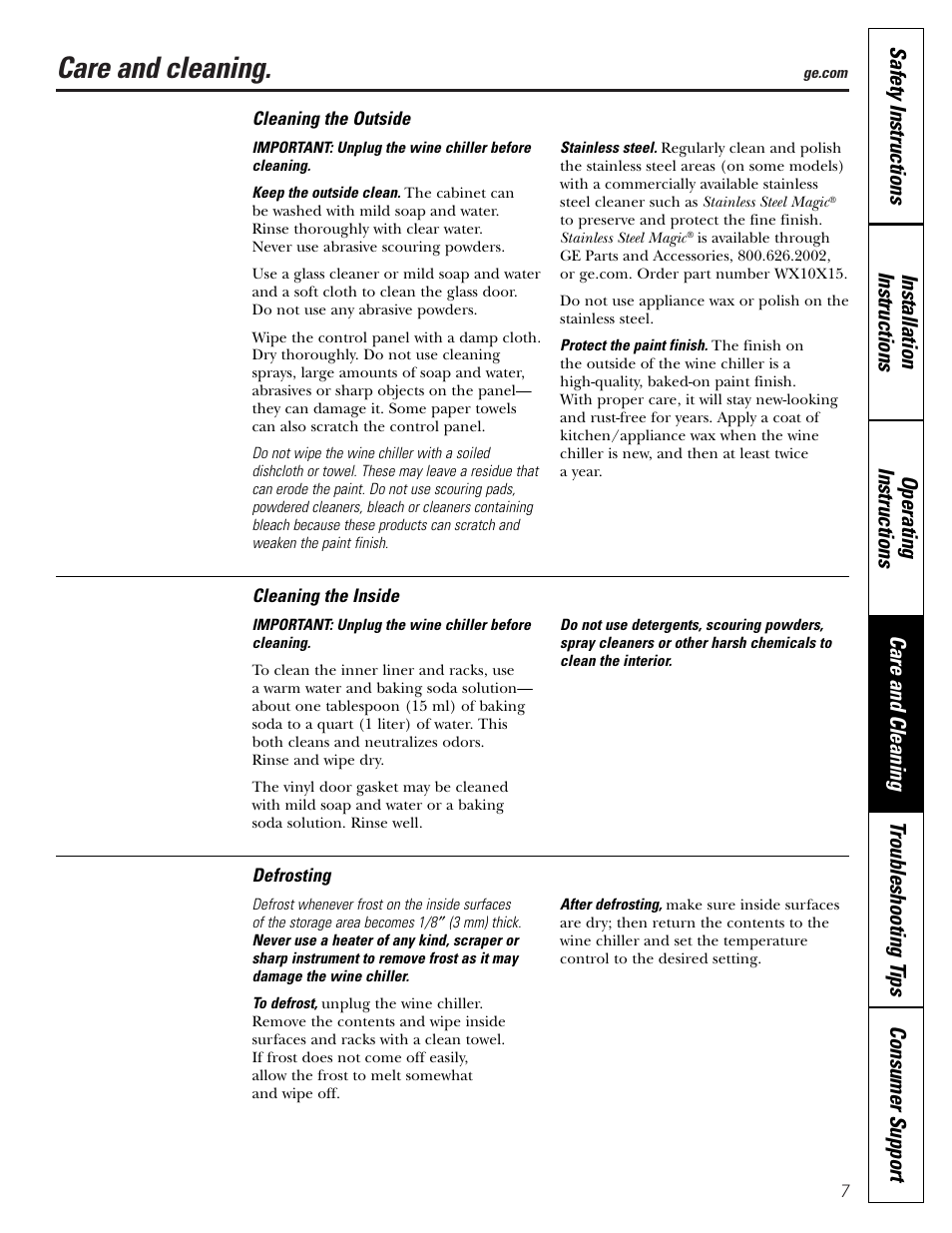 Care and cleaning | GE WineChiller User Manual | Page 7 / 32