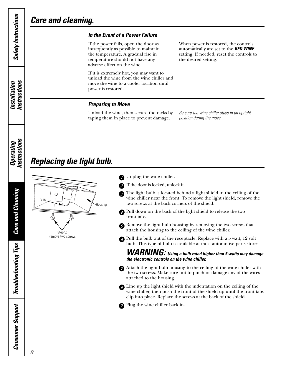 Replacing the light bulb, Care and cleaning, Warning | GE WineChiller User Manual | Page 8 / 32