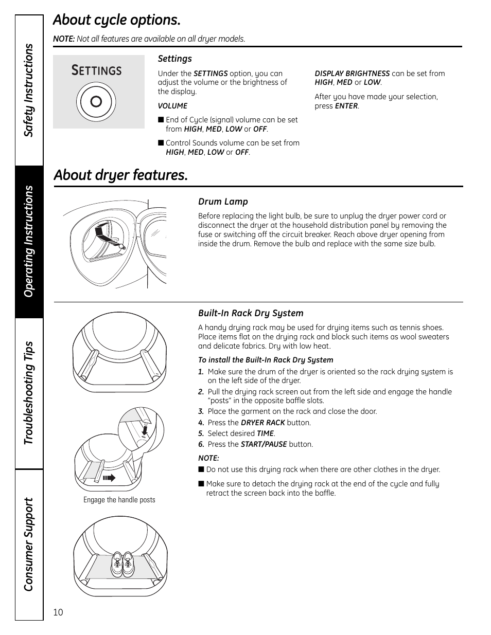 About dryer features, About cycle options | GE UPVH890 User Manual | Page 10 / 152