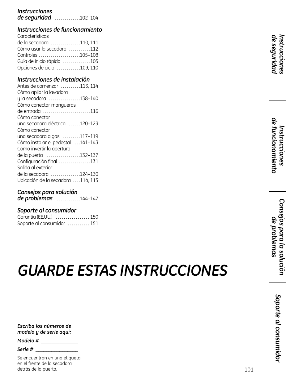 Guarde estas instrucciones | GE UPVH890 User Manual | Page 101 / 152