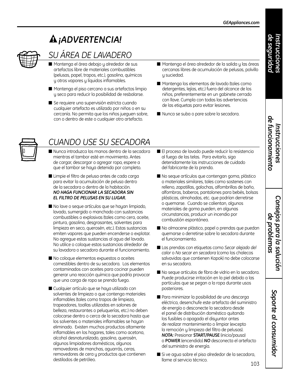 Advertencia, Su área de lavadero, Cuando use su secadora | GE UPVH890 User Manual | Page 103 / 152
