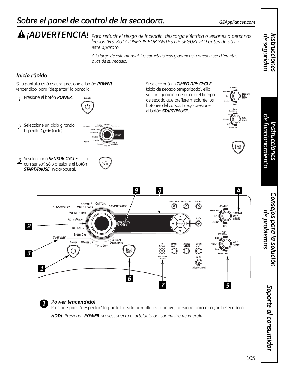 Advertencia, Sobre el panel de control de la secadora | GE UPVH890 User Manual | Page 105 / 152