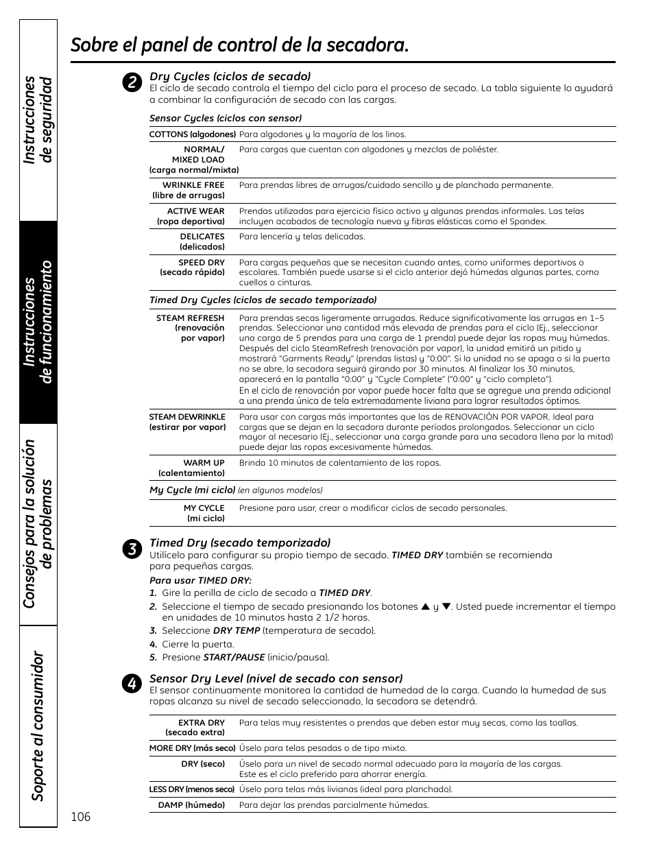 Sobre el panel de control de la secadora | GE UPVH890 User Manual | Page 106 / 152