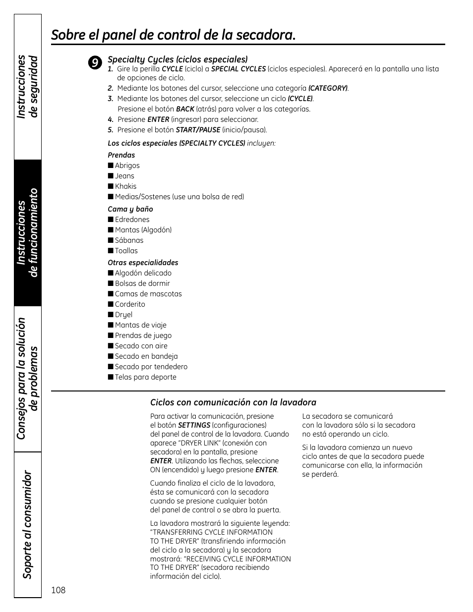 Sobre el panel de control de la secadora | GE UPVH890 User Manual | Page 108 / 152