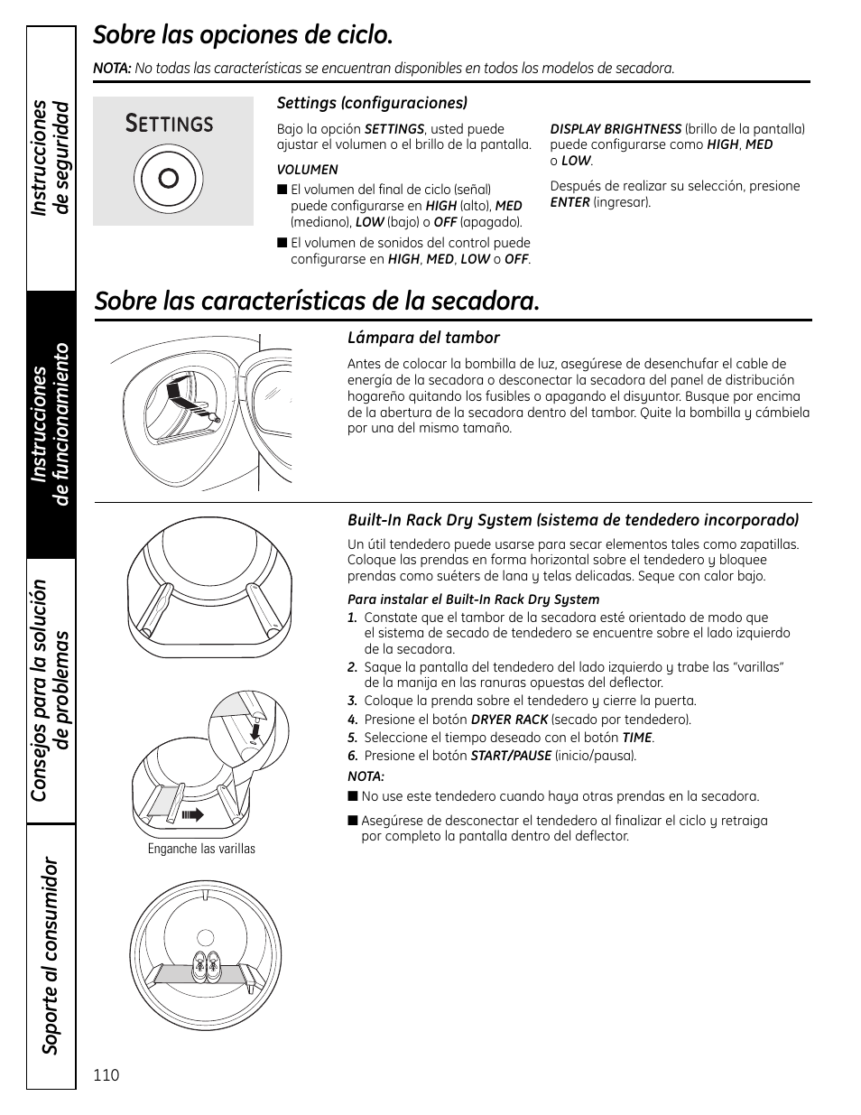 Sobre las características de la secadora, Sobre las opciones de ciclo | GE UPVH890 User Manual | Page 110 / 152