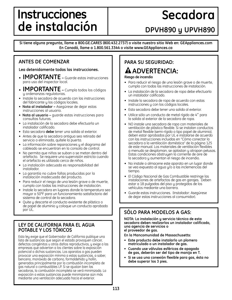 Instrucciones secadora de instalación, Advertencia, Importante | GE UPVH890 User Manual | Page 113 / 152