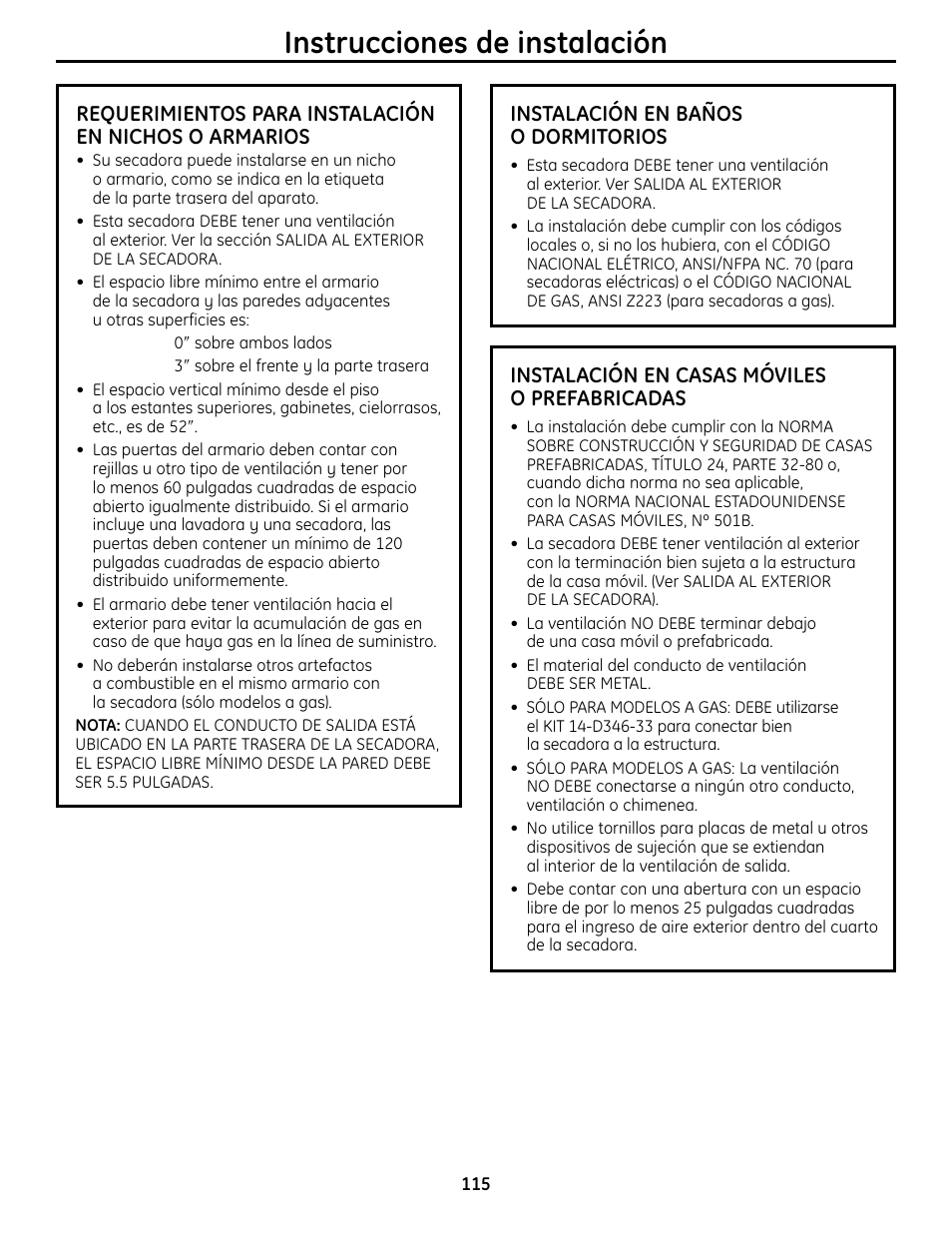 Instrucciones de instalación | GE UPVH890 User Manual | Page 115 / 152