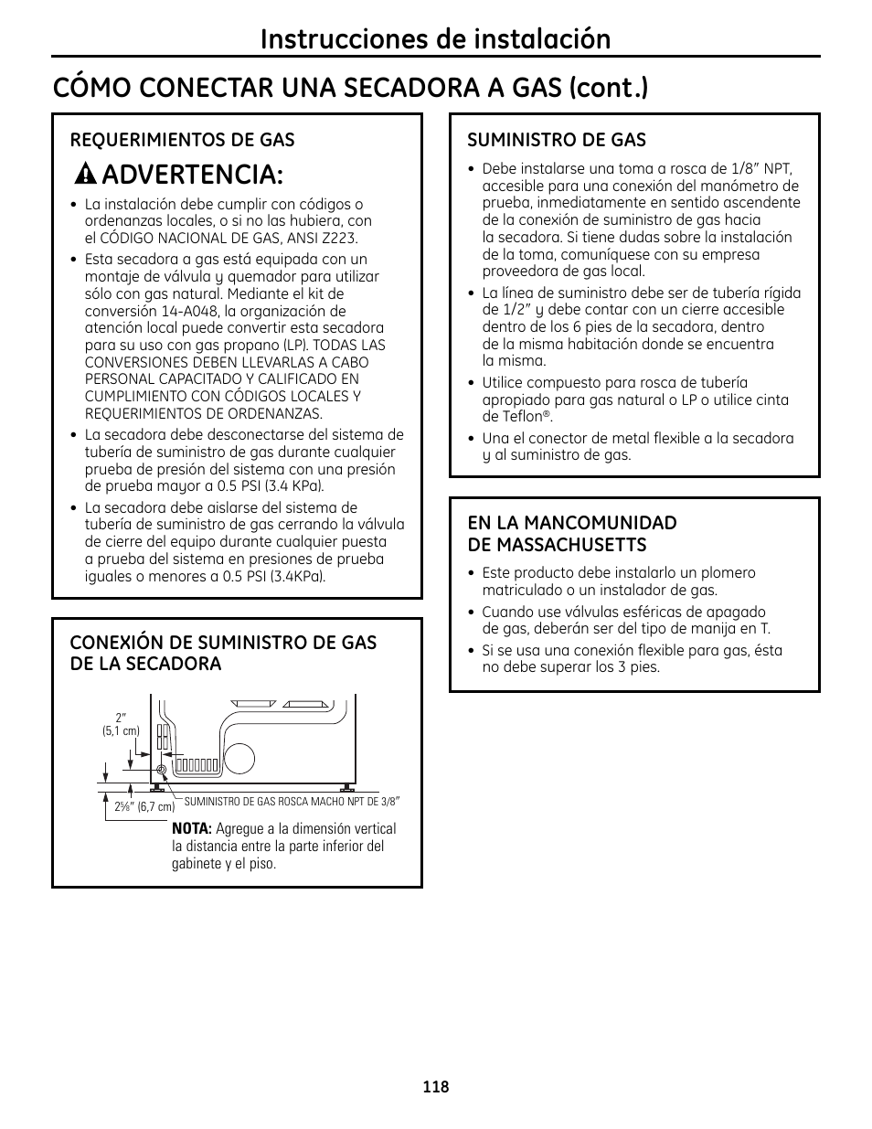 Cómo conectar una secadora a gas (cont.), Instrucciones de instalación, Advertencia | Requerimientos de gas, Conexión de suministro de gas de la secadora, Suministro de gas, En la mancomunidad de massachusetts | GE UPVH890 User Manual | Page 118 / 152