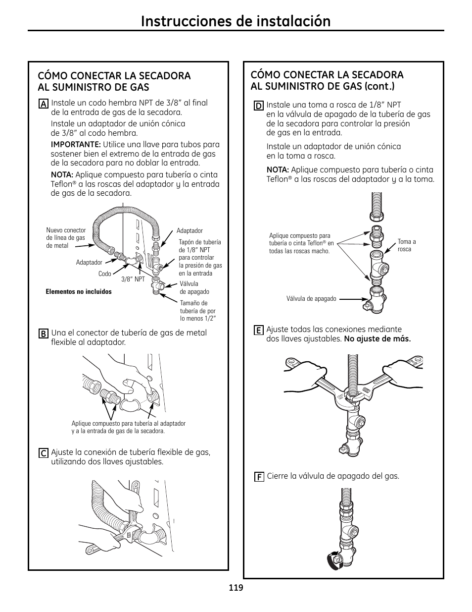 Instrucciones de instalación, Cómo conectar la secadora al suministro de gas | GE UPVH890 User Manual | Page 119 / 152