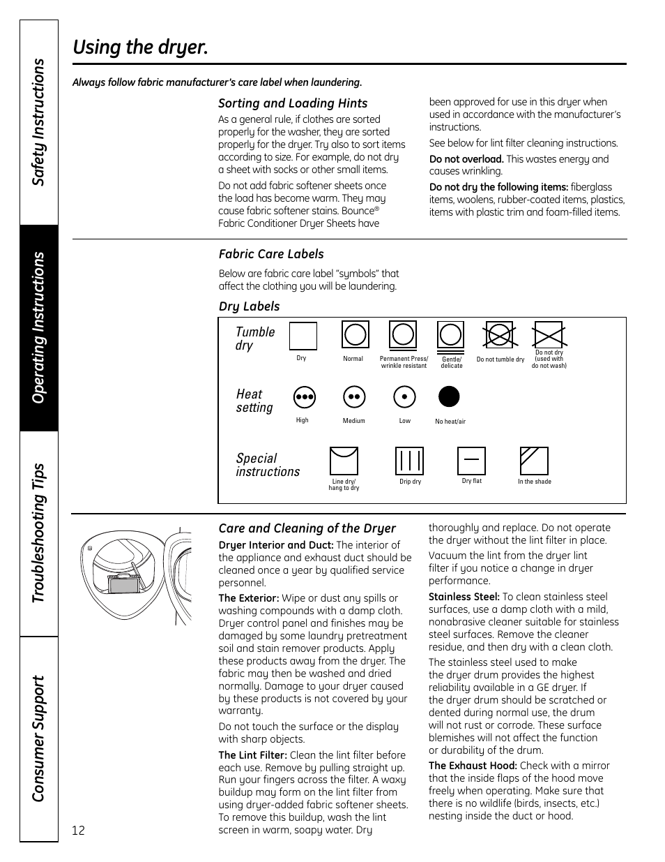 Using the dryer | GE UPVH890 User Manual | Page 12 / 152