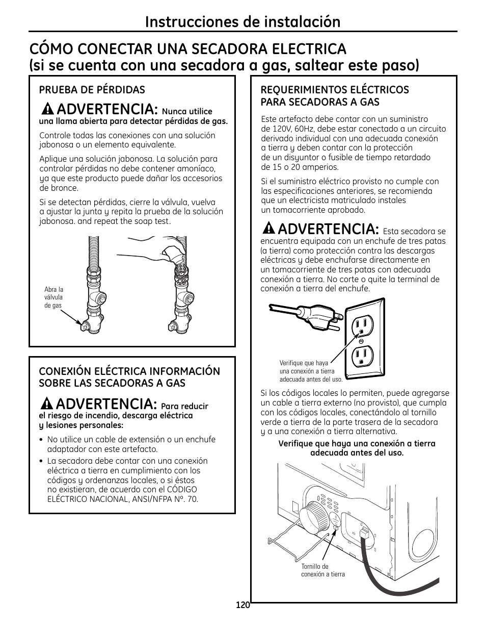 Advertencia | GE UPVH890 User Manual | Page 120 / 152
